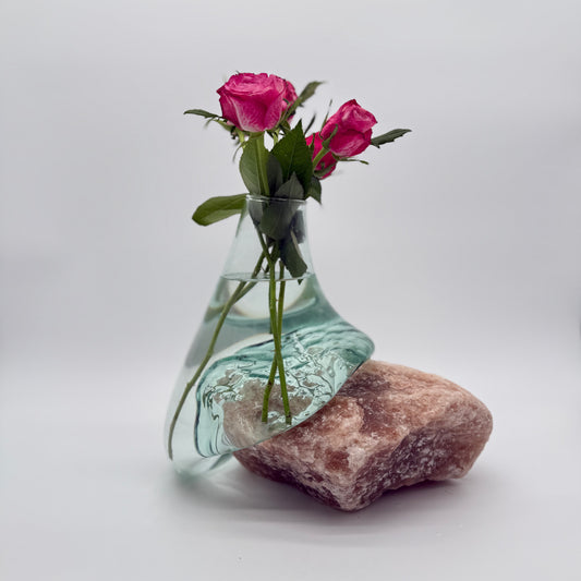 Handcrafted Molten Glass Vase on Natural Pink Stone Base 6