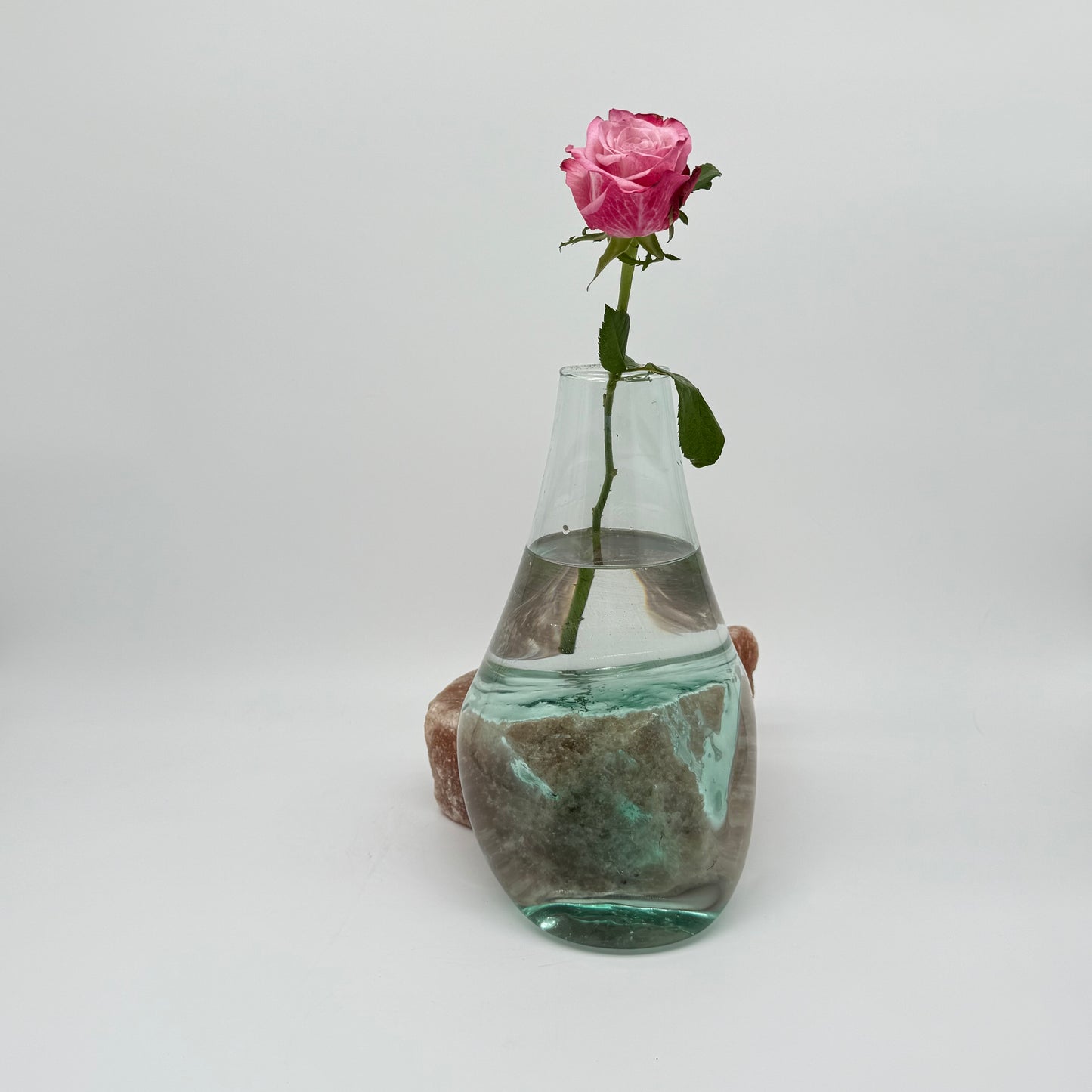 Handcrafted Glass Vase with Pink Himalayan Salt Stone Base 20